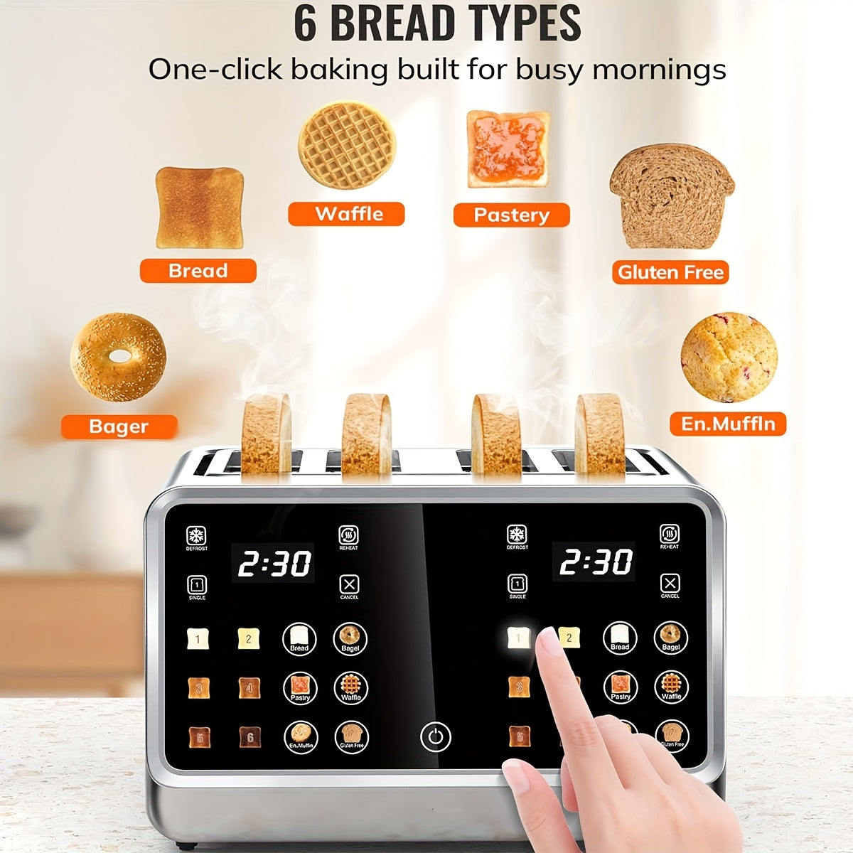 Toaster 4 Slice, Stainless Steel Digital Smart Toaster